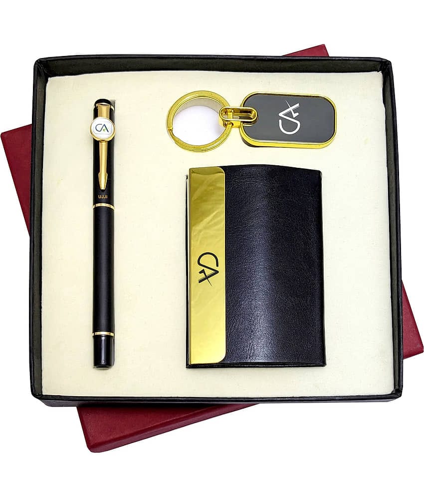 UJJi CA Gifts 3in1 Golden Part Black Body Pen, Keychain and ATM Card Holder