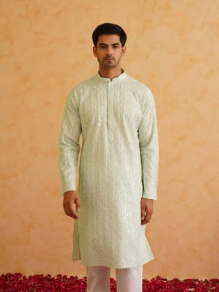 Men's Cotton Silk Sea Green Kurta with premium panel embroidery-36