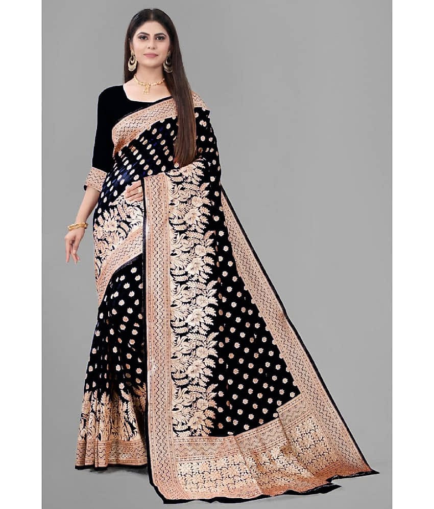Gazal Fashions Banarasi Silk Embellished Saree With Unstitched Blouse Piece ( Black,Beige )