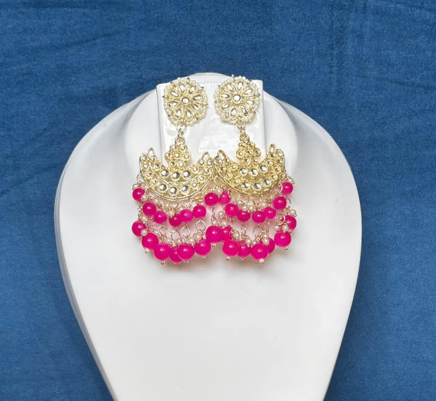 Hot Pink Moti and Kundan Pendent and Earring Set