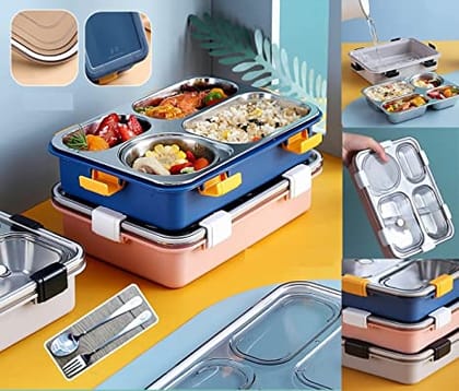4 Compartment Insulated Lunch Box Stainless Steel Tiffin Box (Jumbo Size) ( 850ml )-Blue