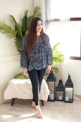 Nora Blue Printed Flare Top-XS-S
