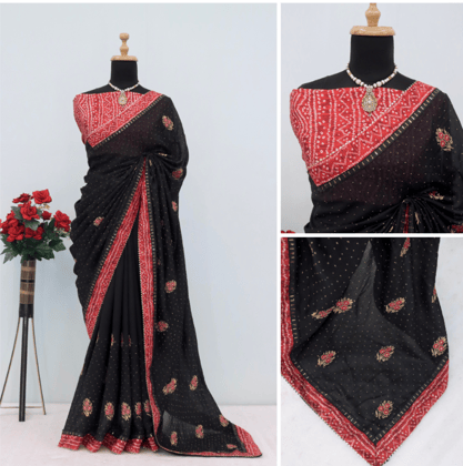 Womens New Latest Bollywood Fancy Party Wear Premium Vichitra Embelished Swaroski Work with Fancy Border Lace Saree With Blouse Womens New Latest Bollywood Fancy Party Wear Premium Vichitra Embelished Swaroski Work with Fancy Border Lace Saree With Blouse