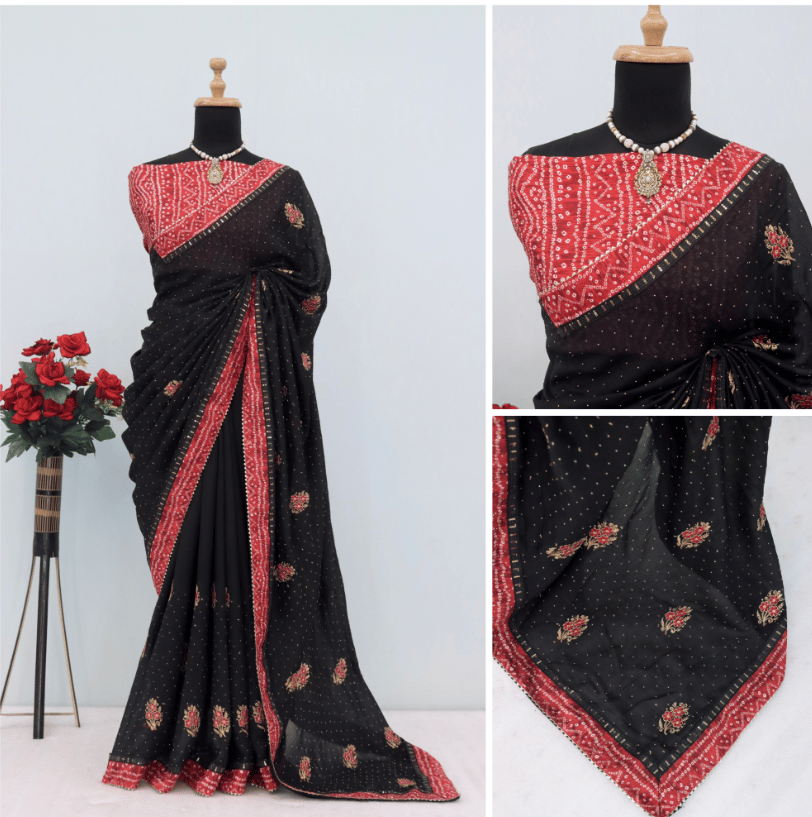 Womens New Latest Bollywood Fancy Party Wear Premium Vichitra Embelished Swaroski Work with Fancy Border Lace Saree With Blouse