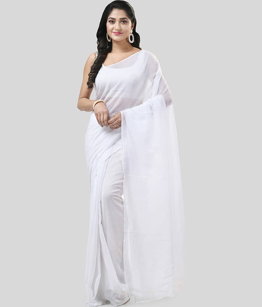 Desh Bidesh Cotton Solid Saree Without Blouse Piece ( White )