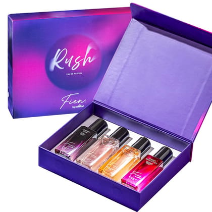 FIEN by mCaffeine Rush Perfume Gift Kit Set for Women & Men | 12 Hrs Long Lasting Eau De Parfum with Vanilla Muse & Cherry Wine | Perfume for Anniversary & Birthday | Sweet Vanilla & Citrus-Sweet Scents - 20ml x 4