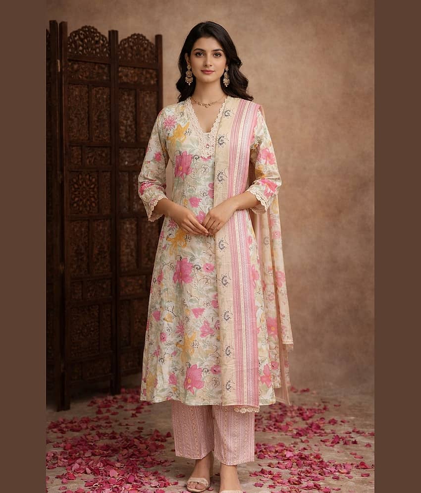 Aarika Women Cotton Printed Flared Kurti With Pants ( Cream )