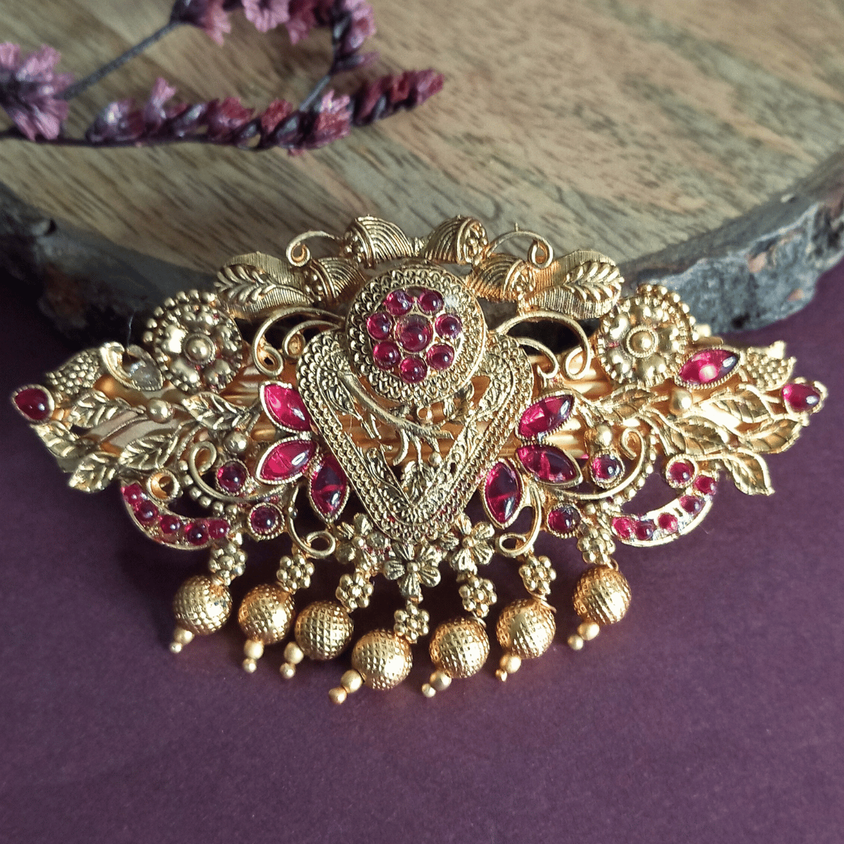 Traditional Gold-Plated Hair Barrette Clip with Floral Design and Pink stone golden beads Danglers