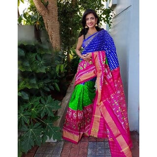 Blue And Green Colour Ikkat Designer Printed saree