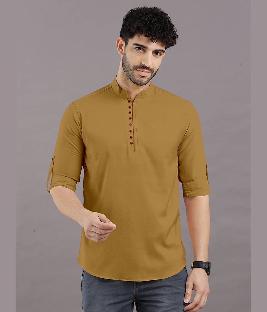 VTEXX Mustard Cotton Blend Men's Shirt Style Kurta ( Pack of 1 )