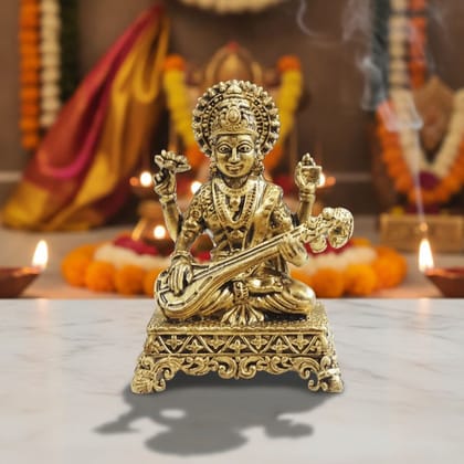 Mini Brass Saraswati Ji Idol Statue for Study Table & Gifting, Height : 1.5 Inch (BSMAS1920 C)