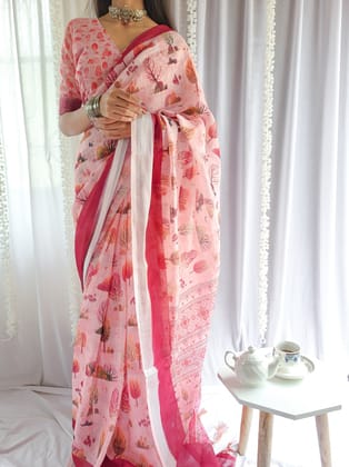 Blush Pink Handwoven Linen Saree with Vibrant Autumn Motifs & Tassel Detailing-Regular