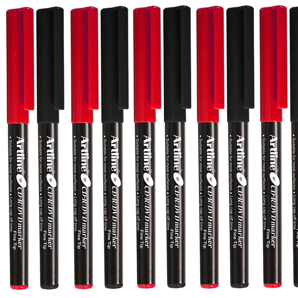 Artline CDR/DVD Marker Black Pack of 10 X 3 Packs, Red Pack of 10 X 2 Packs (50 DVD's Markers) | On Multiple Surface: Metal, Plastic/OHP, Glass/Porcelain & Carton