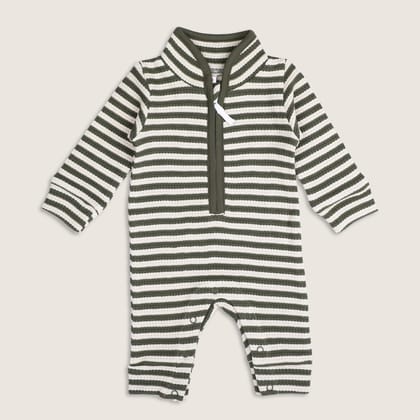 Green Waffle Striped Stylish Jumpsuit-3-6 Months
