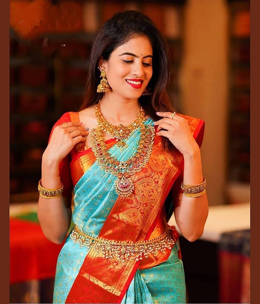fab woven Art Silk Woven Banarasi saree With Unstitched Blouse Piece ( Teal )