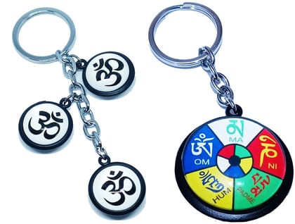 KD COLLECTIONS DoubleSided Tibetan Ladakh Om Mani Padme Hum Keychain & Om Keychain Combo – Multicolor – Pack of 2 Keychains
