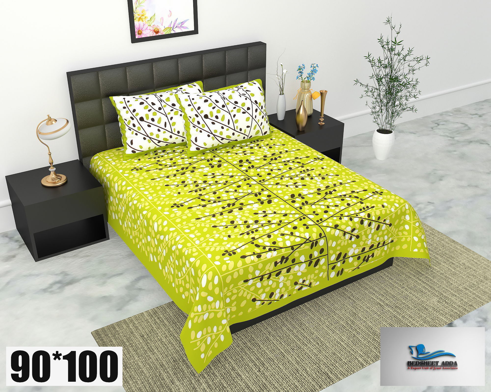 2001-Bedsheet Adda-Pure Cotton Jaipuri Printed Double Bedsheet With 2 Pillow Covers-ANGUR GREEN