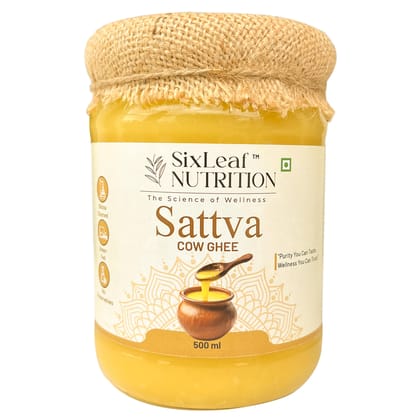 SixLeaf Sattva Cow Ghee 500ml | Bilona Churned  | Premium Glass Jar
