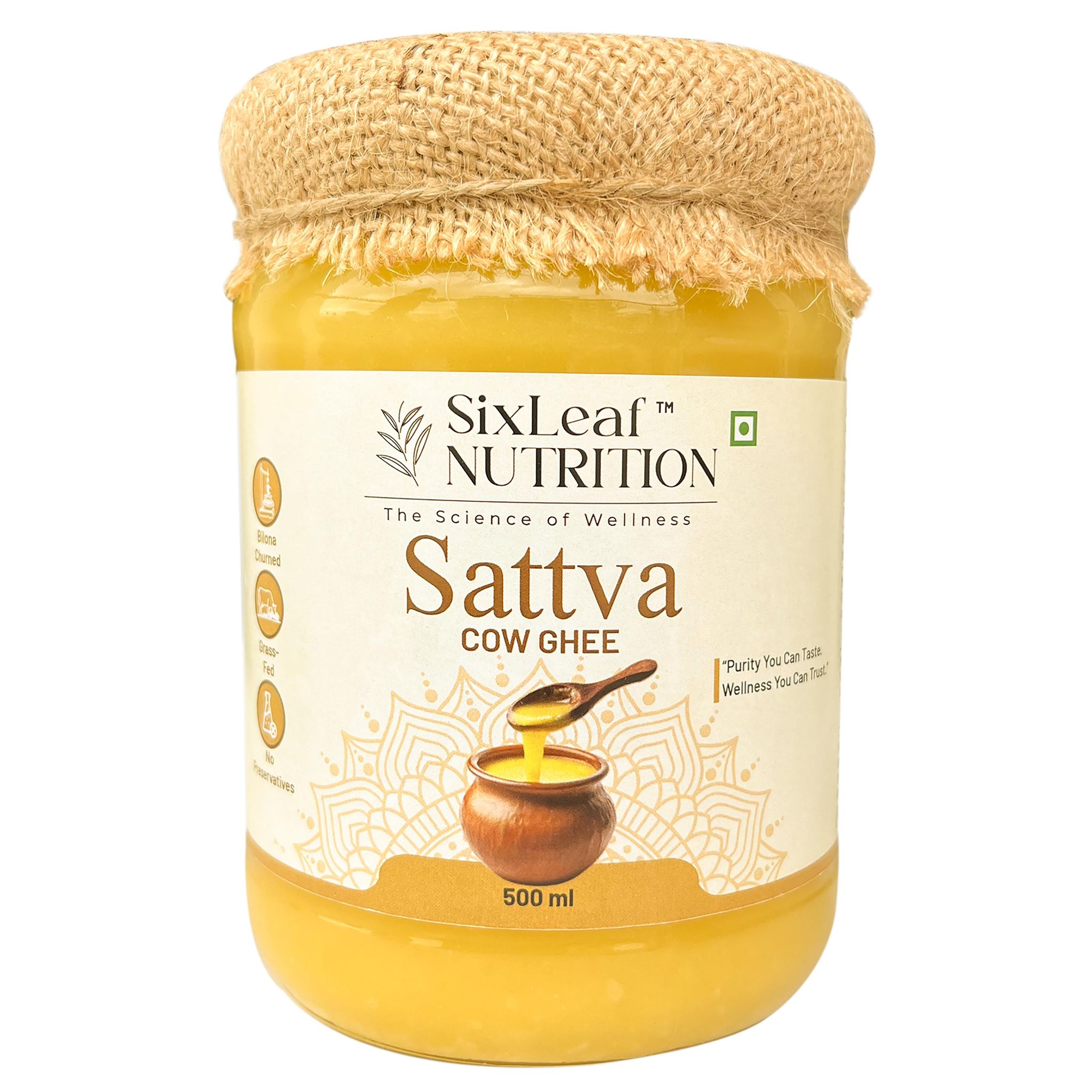 SixLeaf Sattva Cow Ghee 500ml | Bilona Churned | Grass-Fed Cow Milk | No Preservatives | Rich Aroma, Taste & Nutrients | Premium Glass Jar.