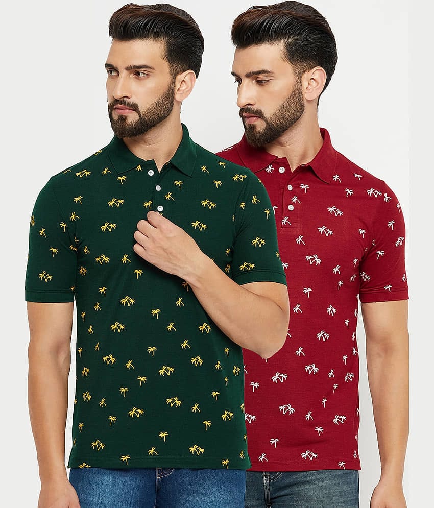Emerald Pack of 2 Cotton Blend Regular Fit Printed Half Sleeves Men's Polo T Shirt ( Green )