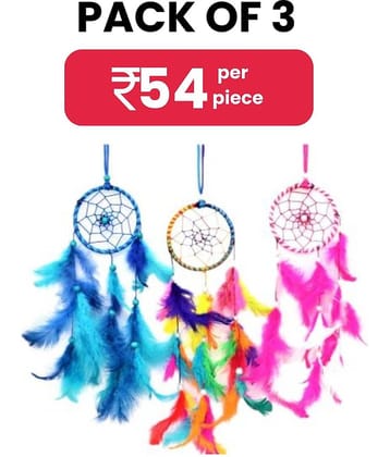 Zimka - Multicolor Feather Dream Catcher - Pack of 3 ( 37 X 8 cms )