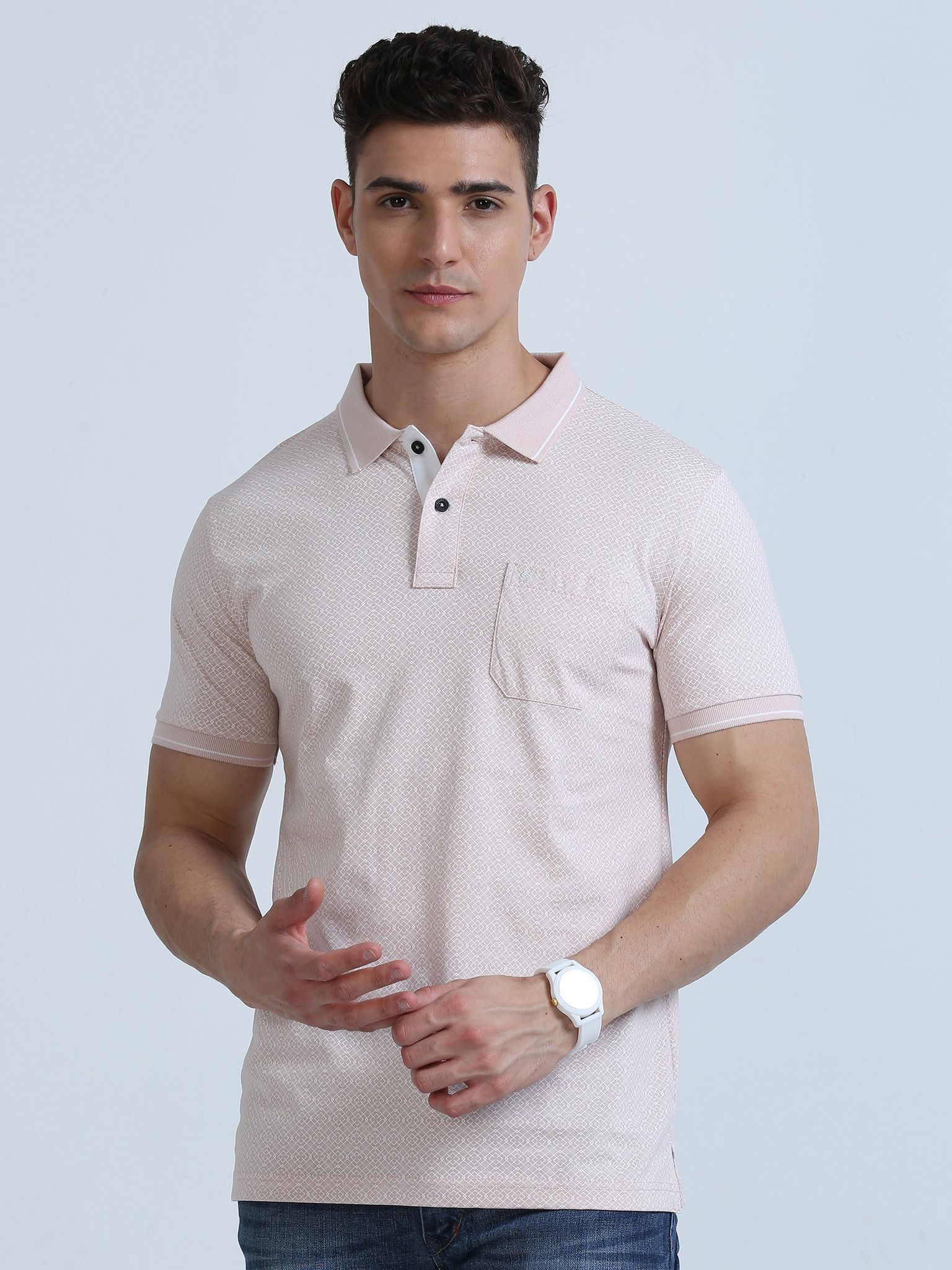 Classic Polo Men's Polo Neck Cotton Lt. Peach/White Slim Fit Printed T-Shirt | BELLO-253 A SF P