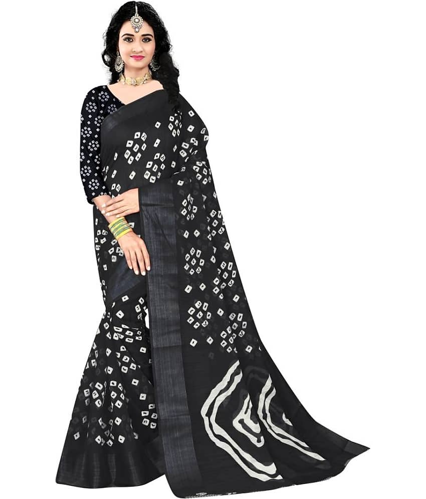 Grubstaker Cotton Printed Saree With Unstitched Blouse Piece ( Black )