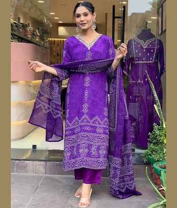 Niza Fashion Crepe Printed Kurti With Pants Women's Stitched Salwar Suit - Purple ( Pack of 1 )