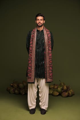 Vaidya Bottle Green Kurta patiyala set with dupatta-XS/34