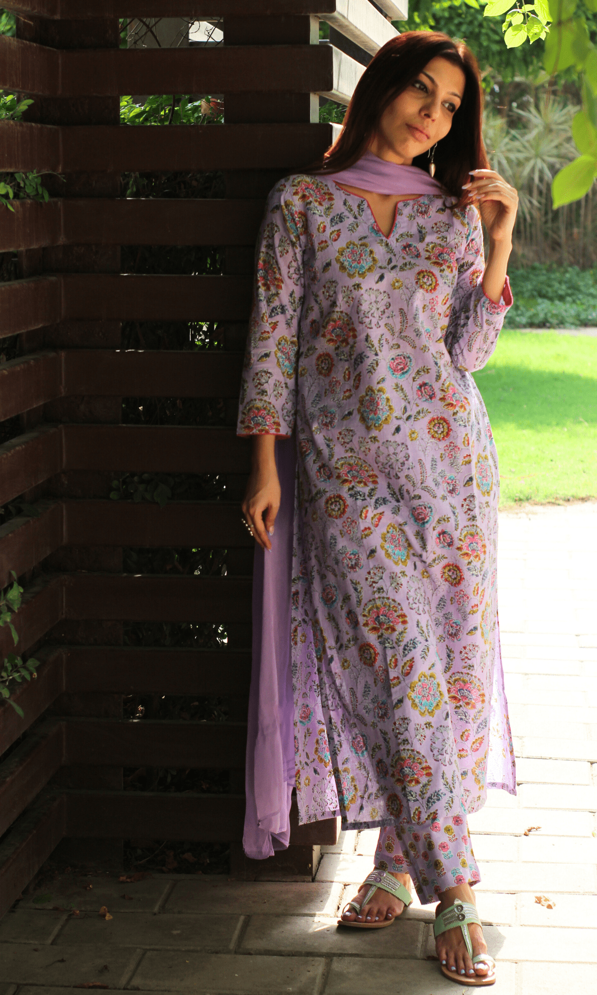 Cotton Lilac Lush Printed Kurta, Pant & Chiffon Dupatta-2XL