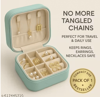 VYSTA Mint Blue Travel Jewellery Organizer Box | Compact Velvet Case for Rings, Earrings, Chains & Bracelets | Tangle-Free Multi-Compartment Storage | Pack of 1