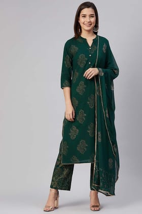 Women Cotton Green Ethnic Motifs Printed Straight Kurta Pant Dupatta Set VKSKD1164
