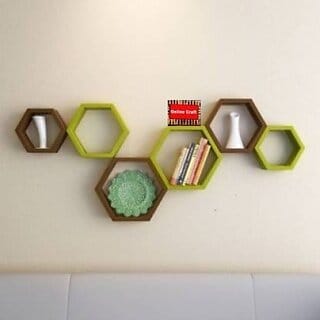 Onlinecraft Wooden Hexon Shelf Green Brown Wooden Wall Shelf (Number Of Shelves - 6, Brown, Green)