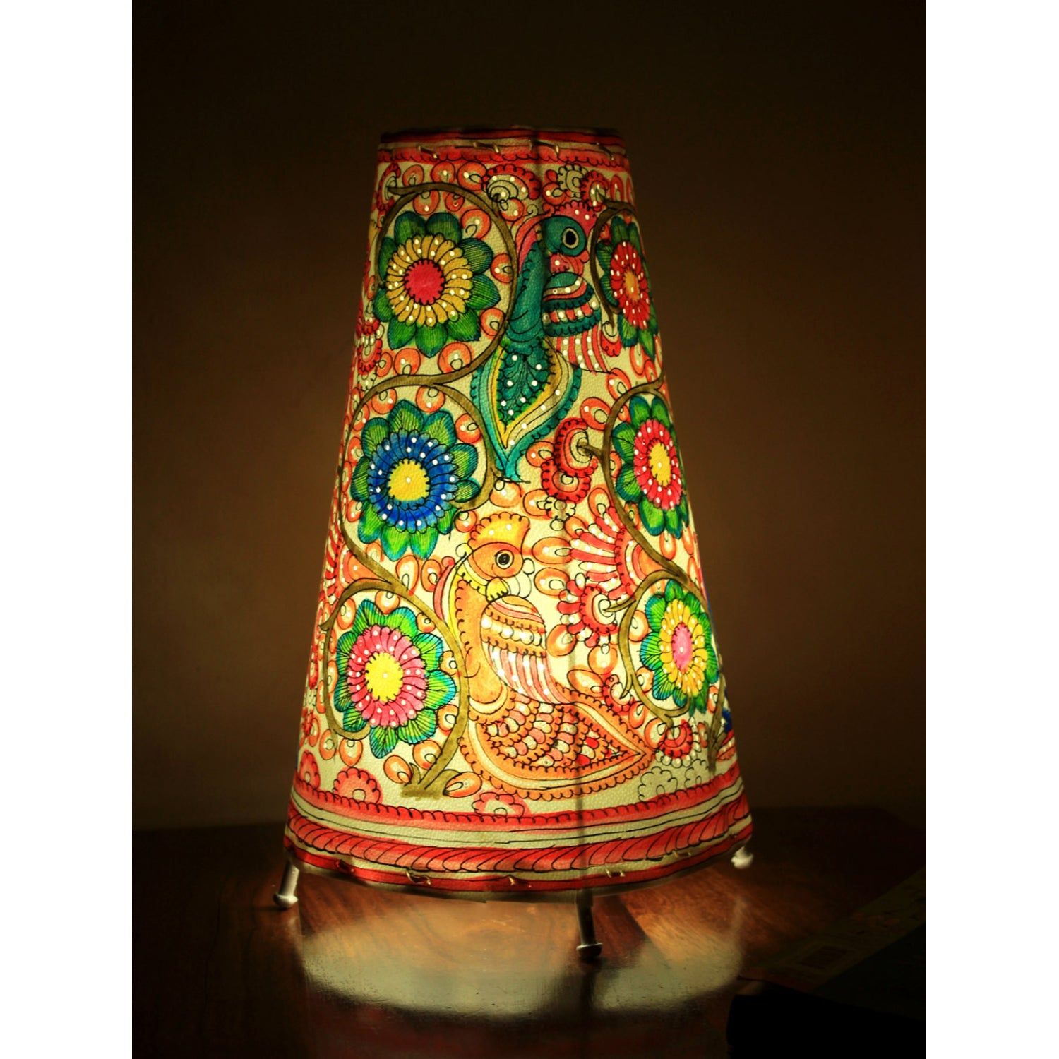 Poised Bird Kalamkari Handpainted Standing Round Leather Lamp -13 Inch