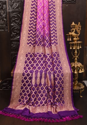 Purple Gelato Ombre Authentic Hand Bandhej Banarasi Silk Georgette Saree in zari jaal pattern| SILK MARKED CERTIFIED