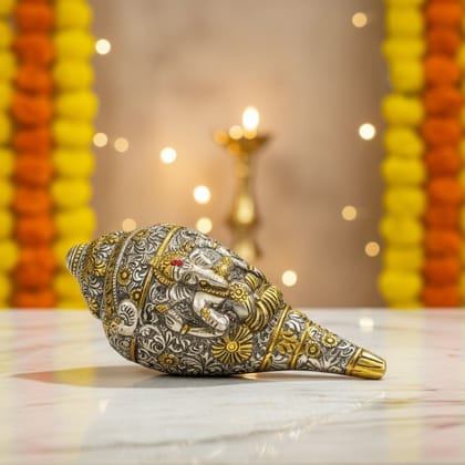Aluminium Shankh Ganesh Statue | Lord Ganesha Religious Showpiece, Height : 4 Inch (ASMAS536 T)