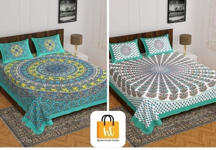 2201-Hometrade India- Standard Double Size (90*100 in )-Combo Jaipuri Double bedsheet With Matching Pillow Cover