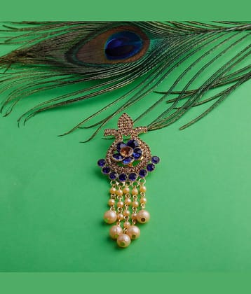 Silver Shine Traditional Gold Plated Antique Royal Blue Colour Diamond Studded Pearl Drop Designer Wedding Brooch For Unisex Jewellery