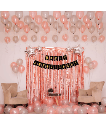 Jolly Party  Rose gold Anniversary Decoration Items Combo - 27 Pcs - Anniversary Banner, Foil curtains for party, Star Shape Foil & Metallic Balloon