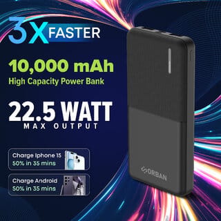 Orban 10000mAh Slim Powerbank with 22.5W Fast Charging, USB  Type C Output, Power Delivery, Quick Charge (Black)