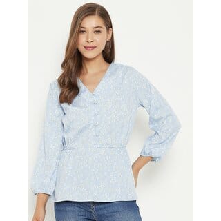PURYS Women Blue Printed Regular Top