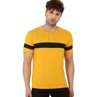 Leotude Men Yellow Color Block Cotton Blend T-Shirt