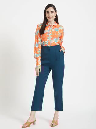 Luxury  Satin Digital Print Puff Sleeve Shirt With Deep Blue Pleated Fit Trouser-M / 28