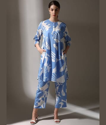 INDIAN SILKS Women Printed Tunic With Trousers Co-Ord Set ( Turquoise )