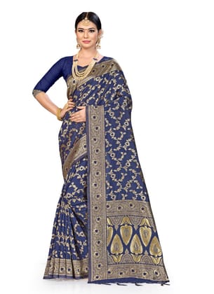 Generic Women's Banarasi Silk Saree (Neavy Blue, 5-6 Mtr)