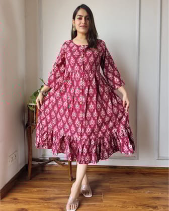Nazakat Cotton Blocprinted Deep Wine Long Dress-S (36)