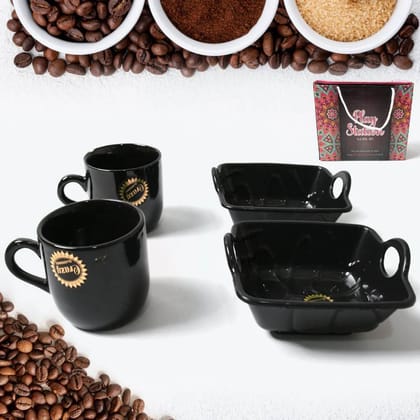 Play Station Ceramic Tea or Cups or Mug Set with Handle Serving Bowl Milk Cup, Coffee Cup, Tea Cup, Breakfast Cup, Drinking Mug or Outdoor for Household, Gift for Birthday, Wedding Party 4 Pcs (Black)