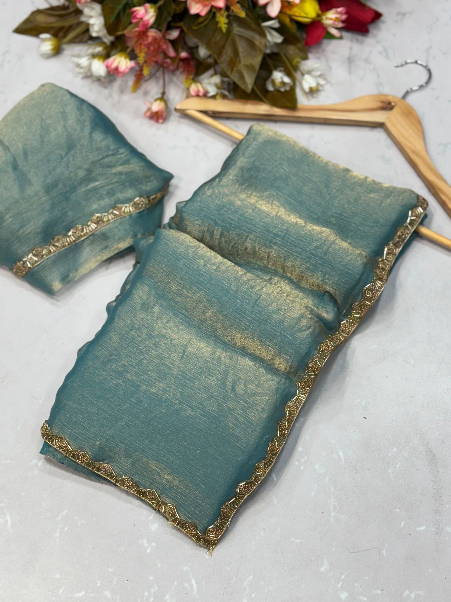 Ombre Elegance: Shaded Chiffon Sarees with Zari Borders-SEA BLUE