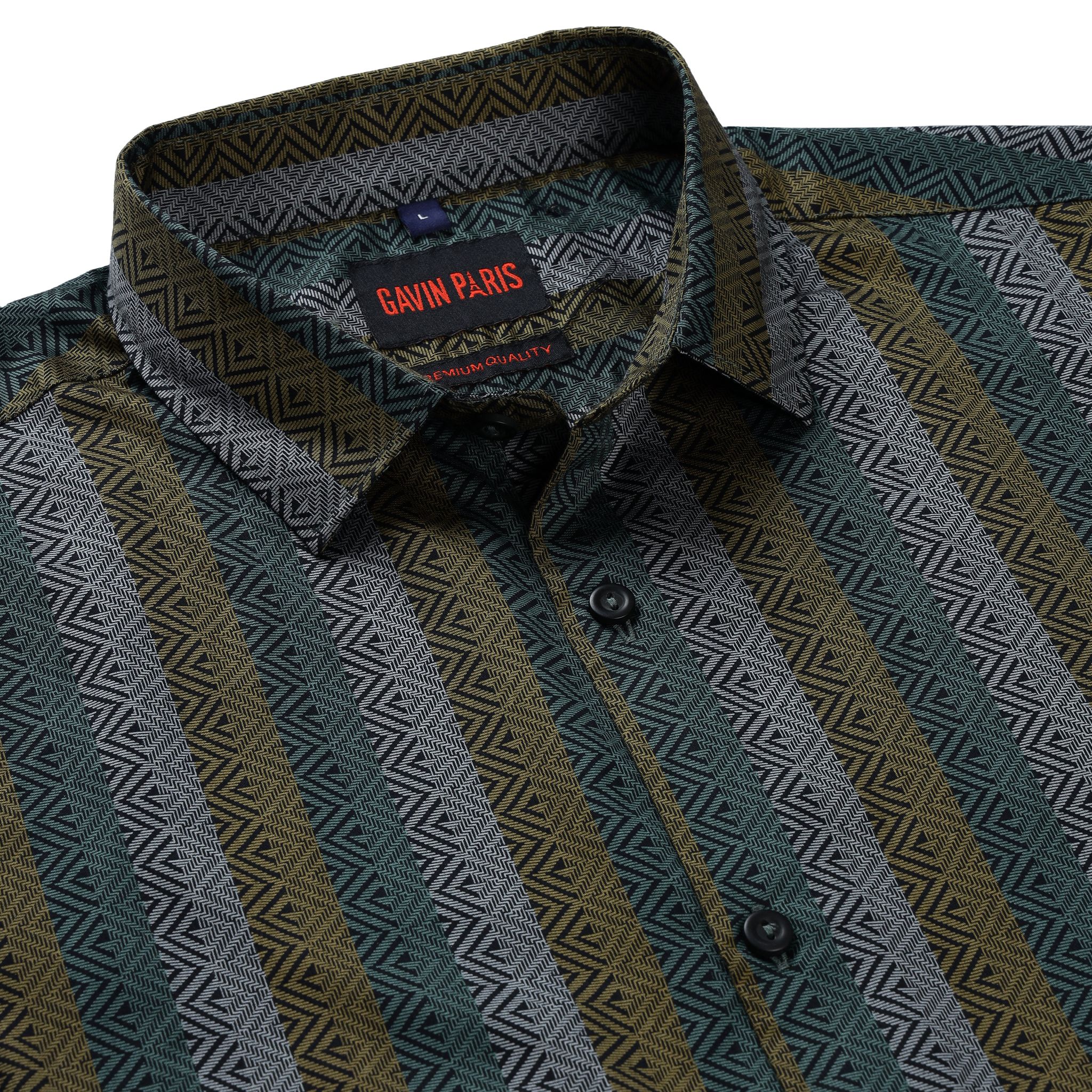 Tribal Stripe Slim Fit Full Sleeve Shirt - Olive Green and Black (GP212)-M-38 / Full Sleeve
