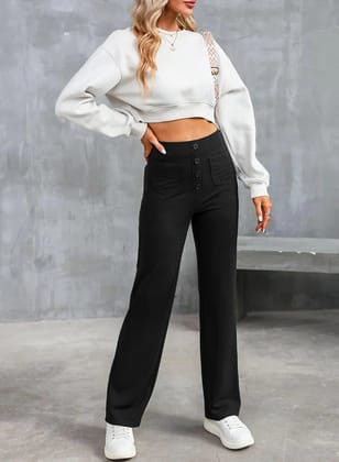 High-waisted Elastic Casual Straight Leg Pants-S / Black